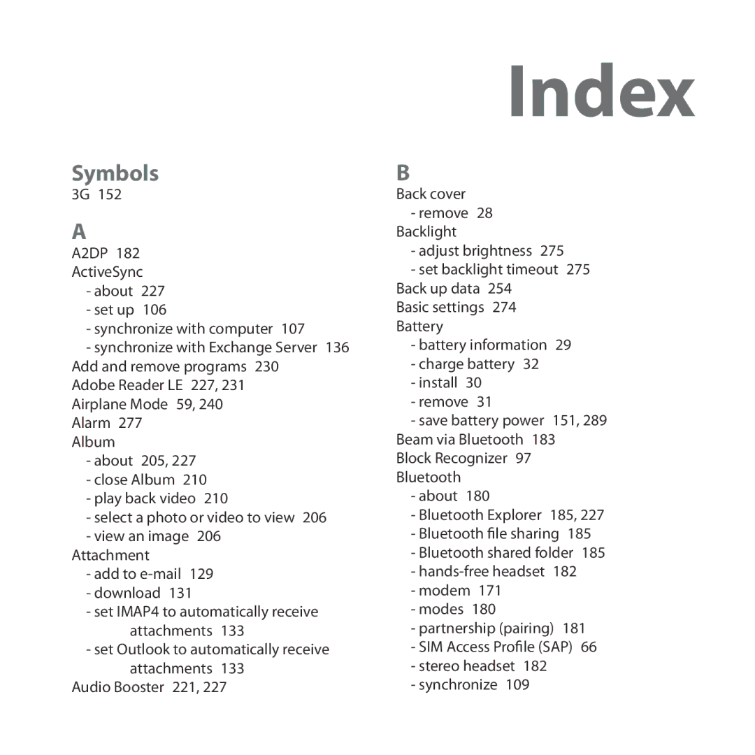 HTC RAPH100 user manual Index  